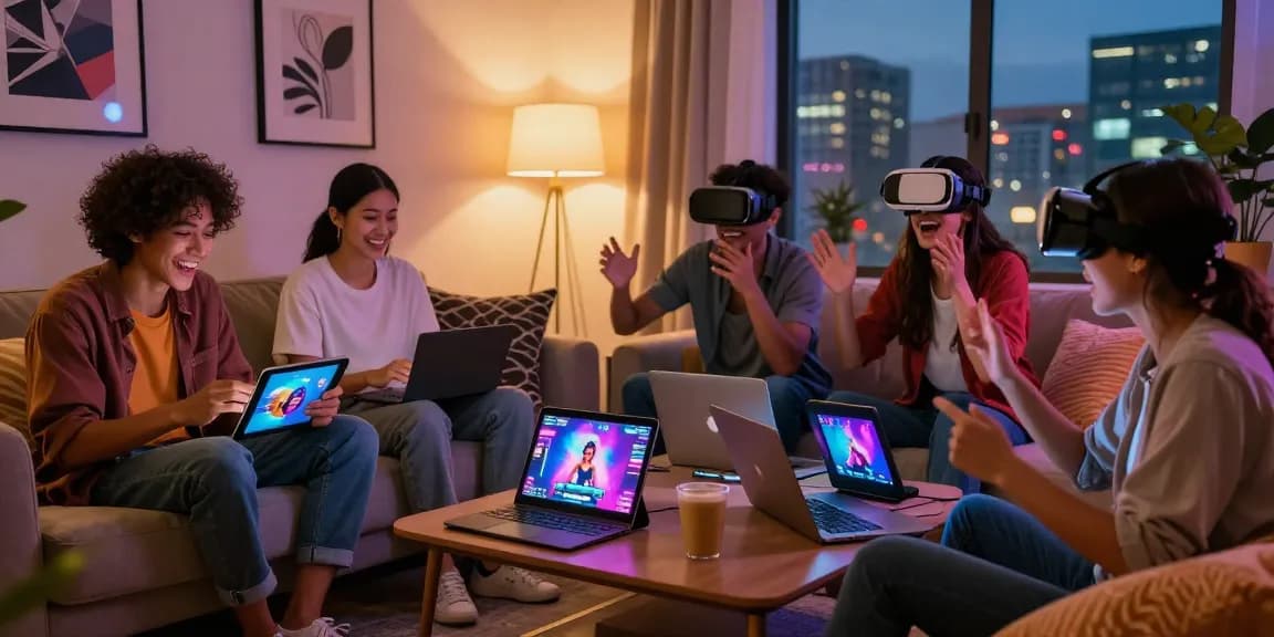 Engaging scene of friends enjoying sex games online in a modern living room, showcasing various gaming devices and playful atmosphere.