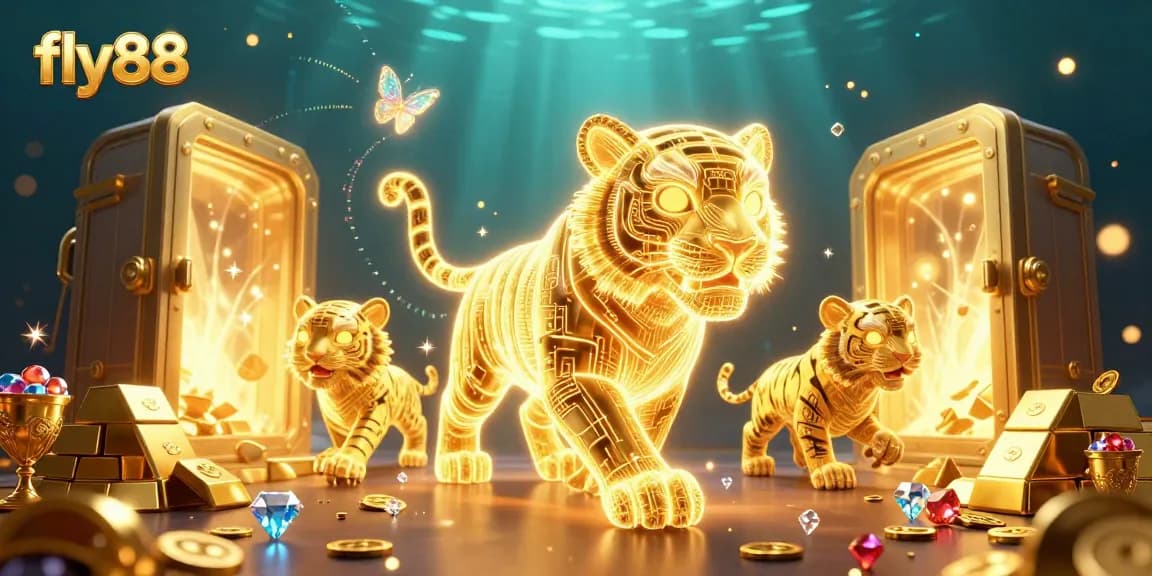 Engage with fly88 in an immersive 3D casino scene filled with vibrant treasures and dynamic characters.