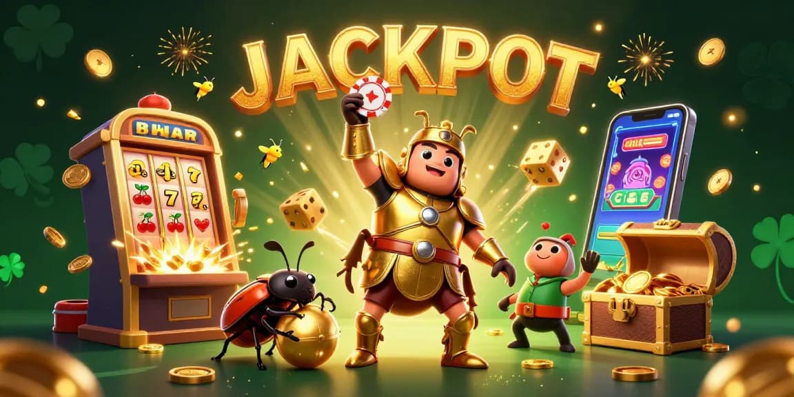 Spin and win with sunwin20, featuring a victorious beetle champion and thrilling slot elements.