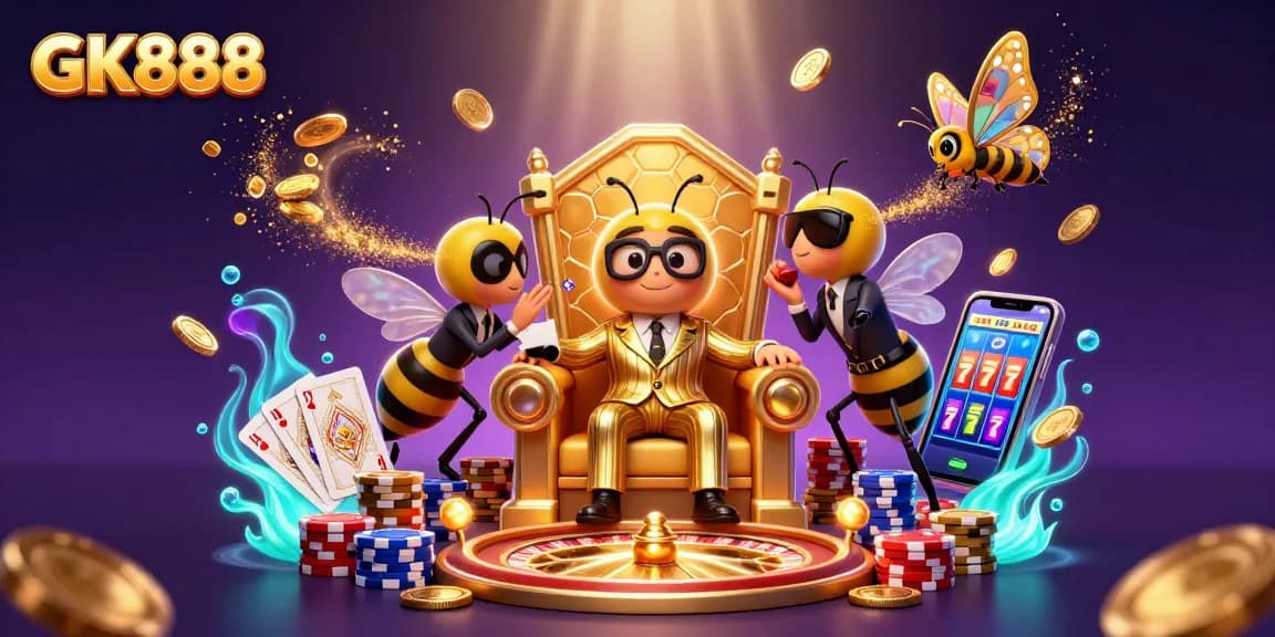 Experience thrilling wins with GK888, featuring a bumblebee mob boss in a vibrant casino scene.