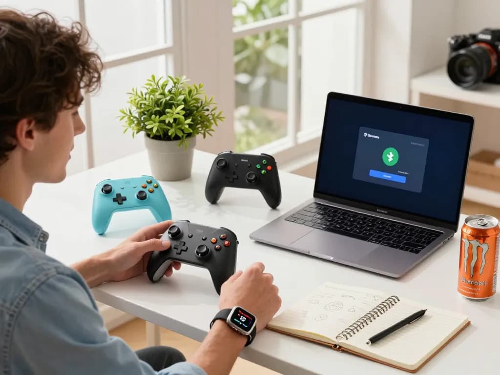 Engaging workspace showcasing unique tech gadgets including the 8BitDo Ultimate 2 controller and Fitbit Charge 6 in a bright, modern setting.