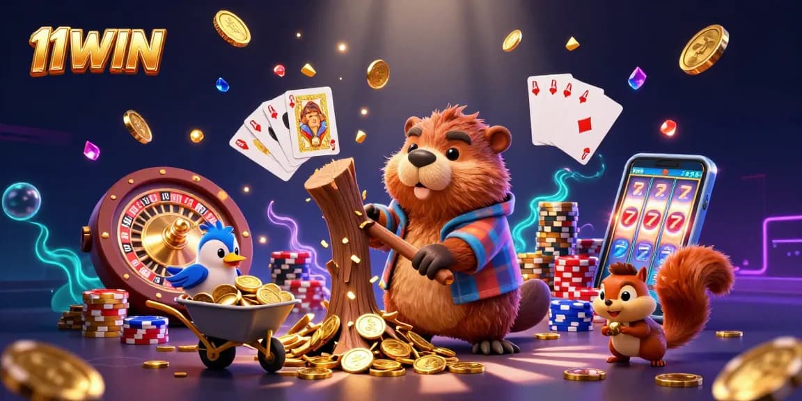 Experience winning moments with 11WIN as a beaver character rains golden coins in a vibrant casino scene.
