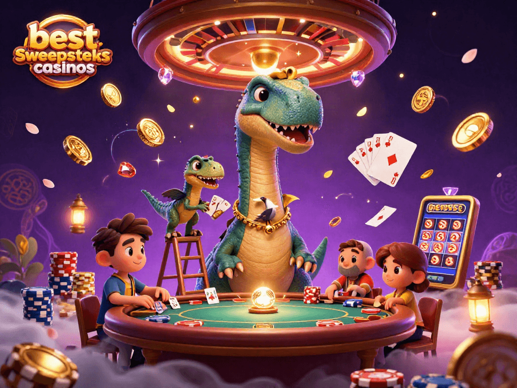 Engage the best sweepstakes casinos with a fun 3D scene showcasing a dinosaur and a clever dealer.