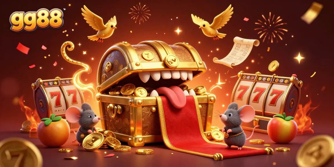 Engage with gg88's thrilling gaming experience featuring a treasure chest and slot elements.