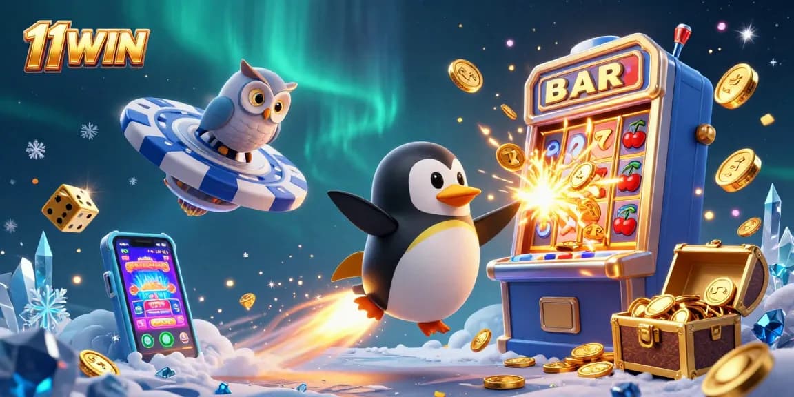Experience thrilling wins with 11WIN at an imaginative casino adventure featuring gold coins and slot machines.