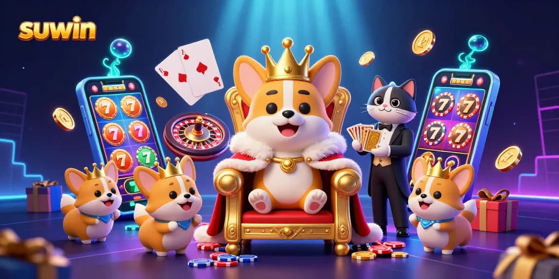 suwin delivers exciting jackpots in a vibrant casino scene with a royal corgi and lavish gaming elements.