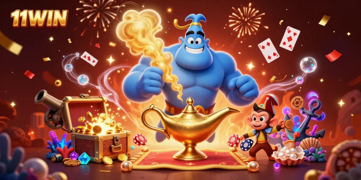 Engage in thrilling gameplay at 11WIN, featuring a vibrant illustration of casino elements and characters.