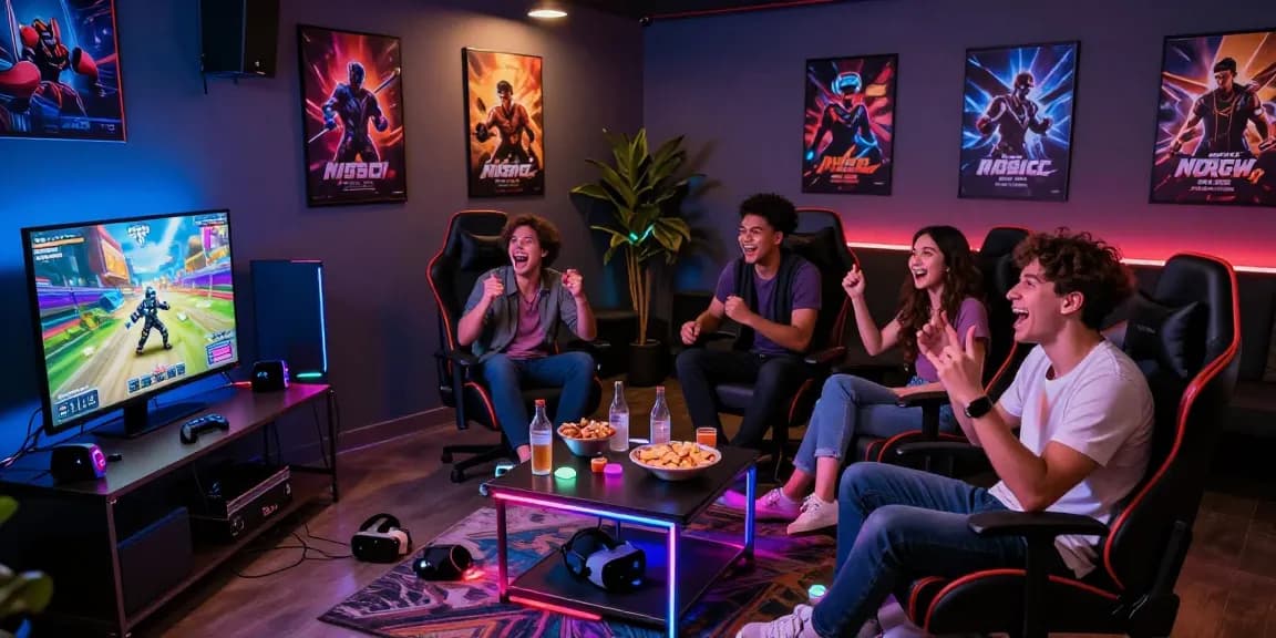 Engaging scene of friends playing nsfw games together in vibrant gaming lounge.