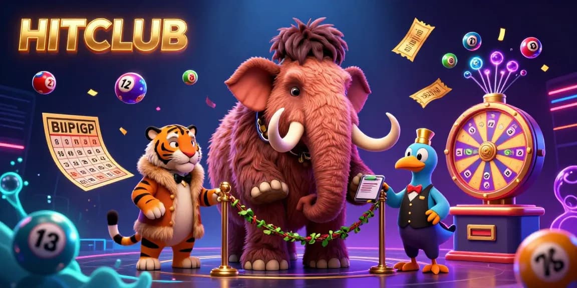 Engage with HITCLUB's vibrant gaming scene showcasing characters and dynamic lottery elements.