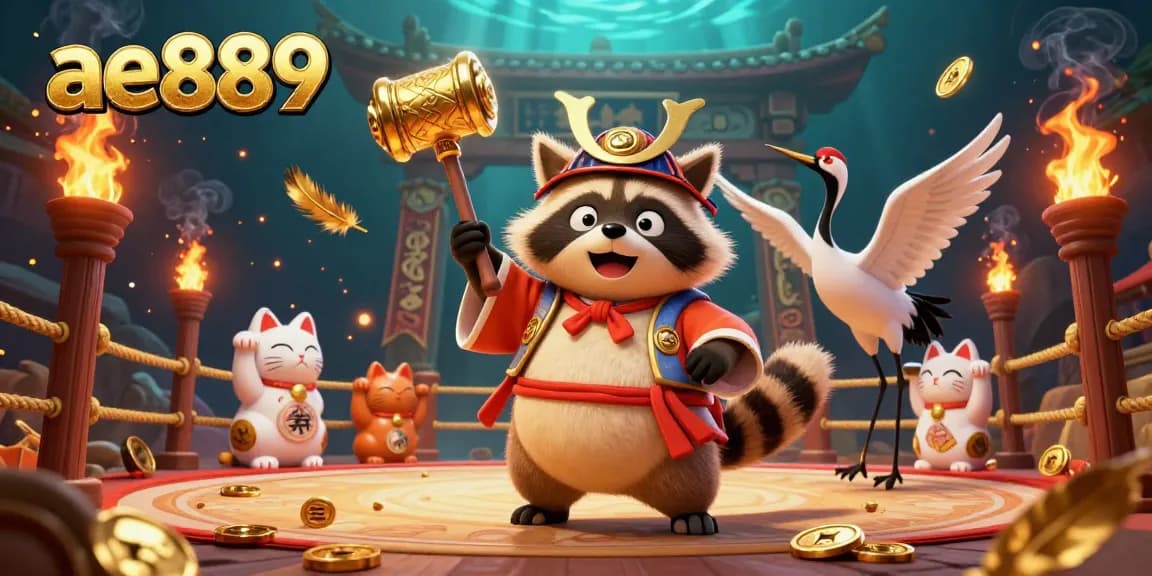 Experience thrilling gaming adventures at ae889 with a lively scene of a cheerful tanuki and lucky symbols.