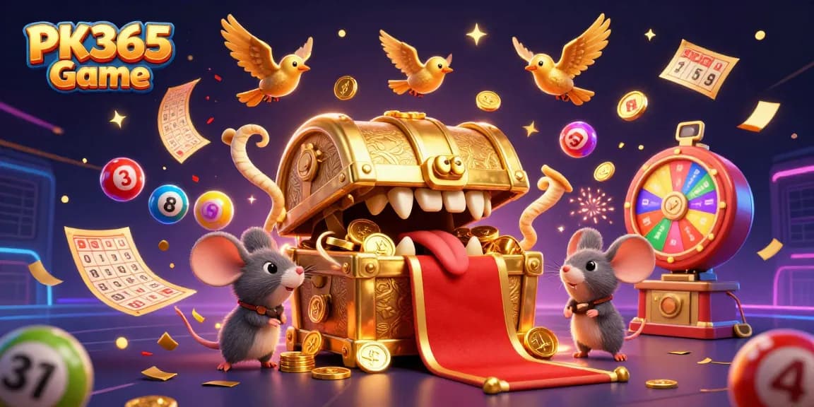 Play the exciting PK365 Game with colorful lottery elements and gold treasure imagery.
