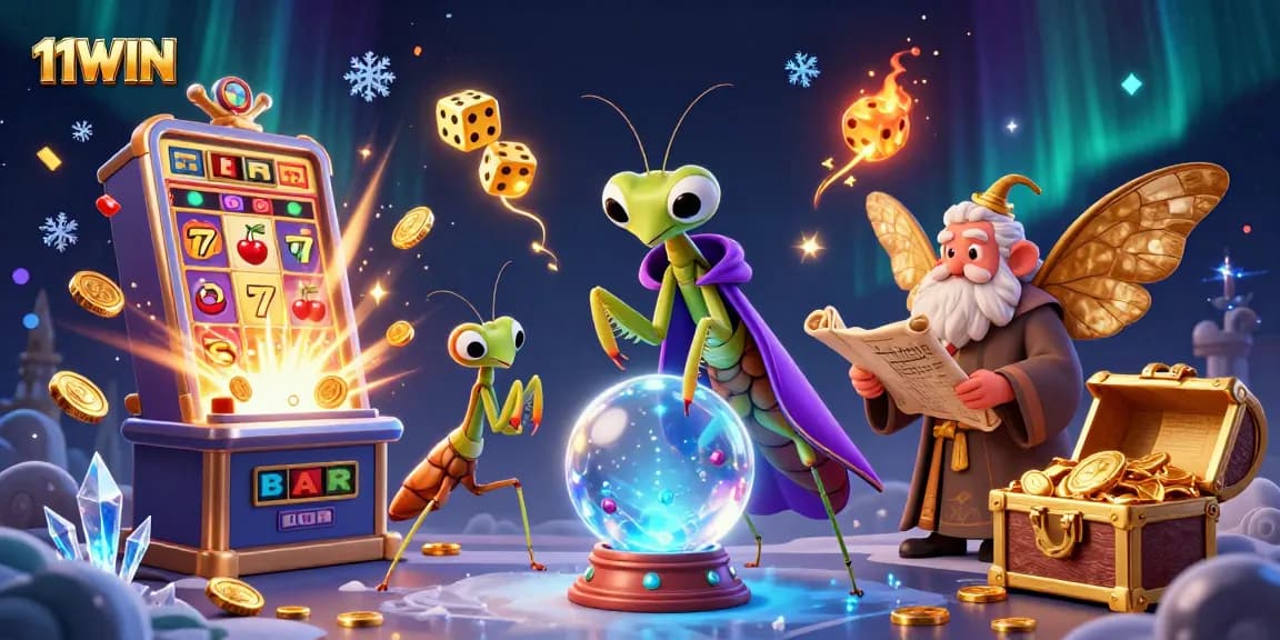 Engage with the thrilling casino world of 11WIN surrounded by captivating characters and vibrant game elements.