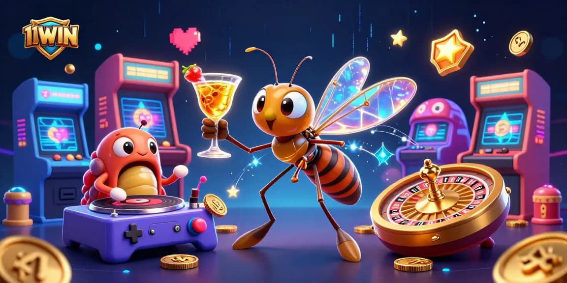 Experience vibrant gaming energy with 11WIN's 3D casino mascot amidst glowing arcade machines.