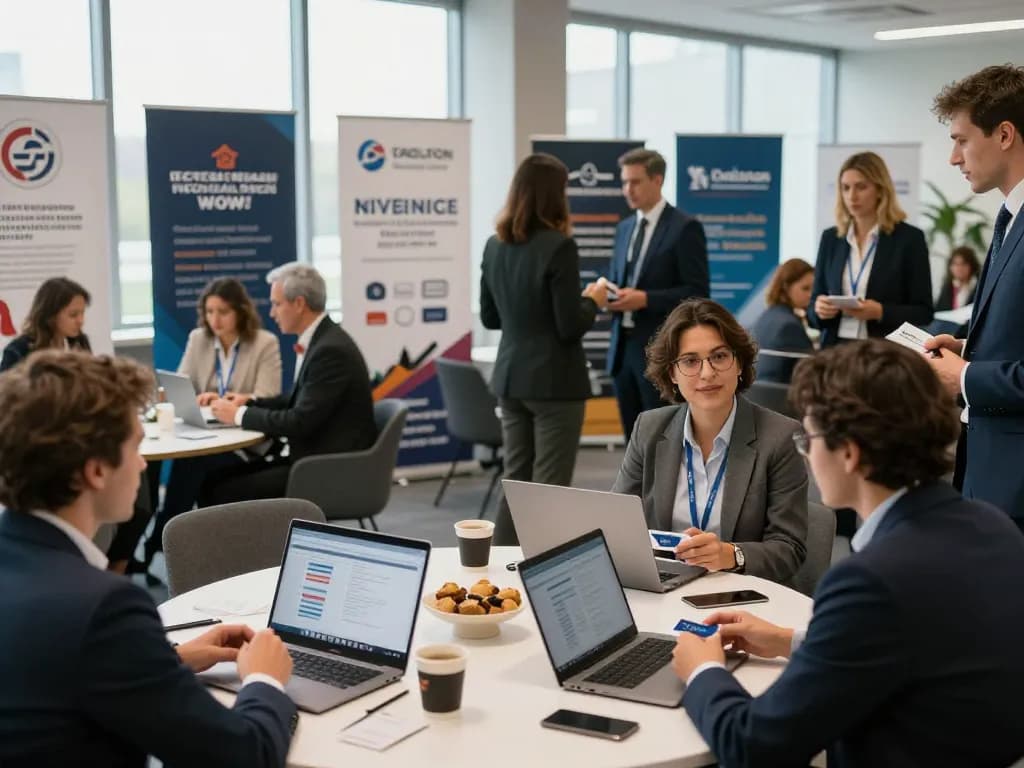 Networking professionals at a conference discussing temp agencies and career opportunities.