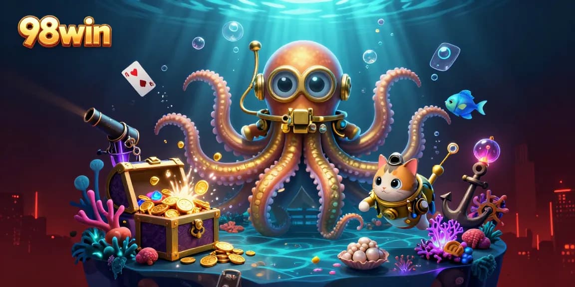 Experience thrilling wins at 98win with a vibrant underwater casino adventure illustration.