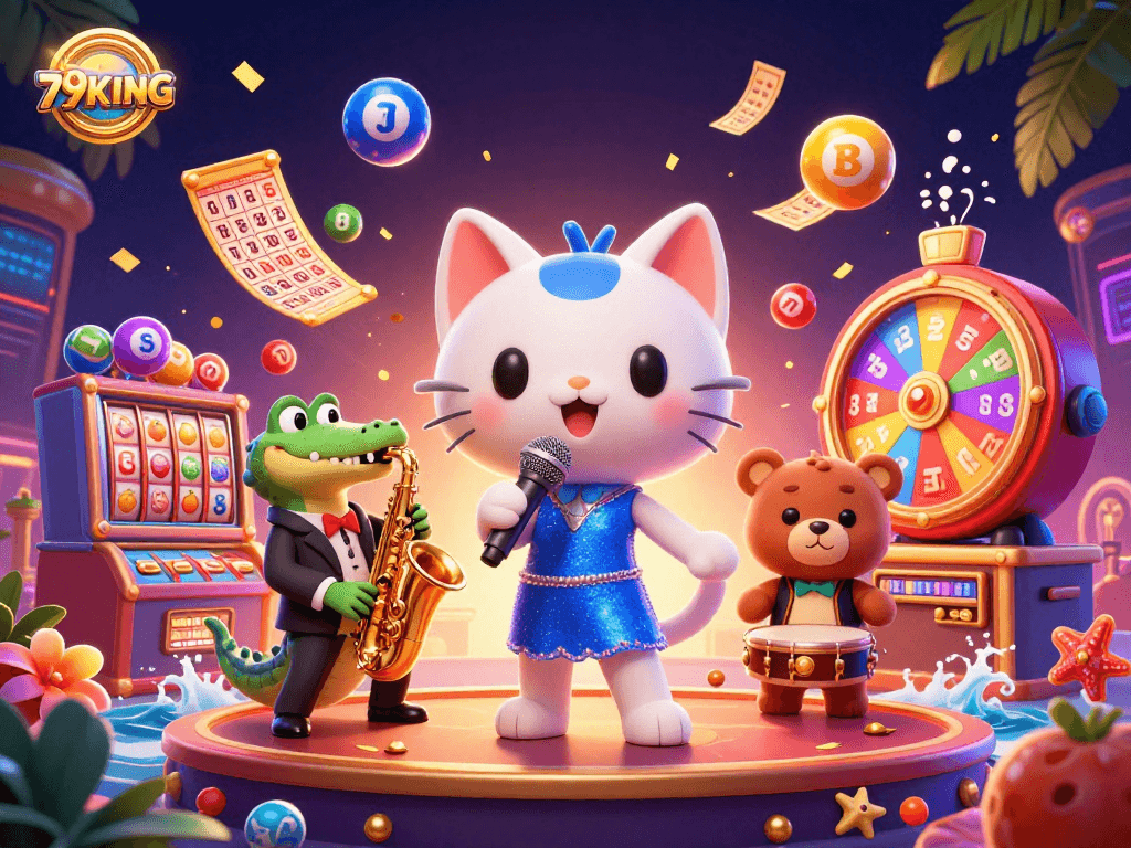 Engage with 79KING's vibrant casino scene featuring a jazz-singer cat, crocodile, and bear cub.