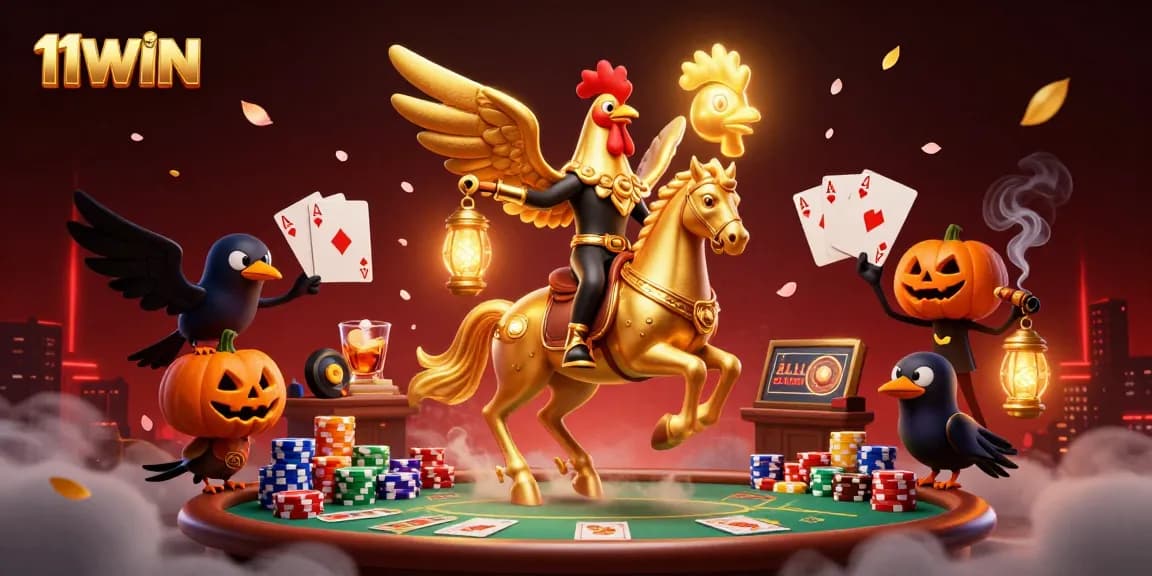 Experience thrilling gameplay at 11WIN with a vibrant casino scene featuring poker elements and mystical lighting.