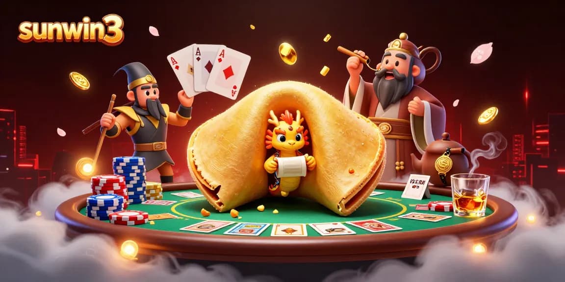 Engage in thrilling games at sunwin3 with a vibrant illustration of a golden fortune cookie revealing a wise dragon.