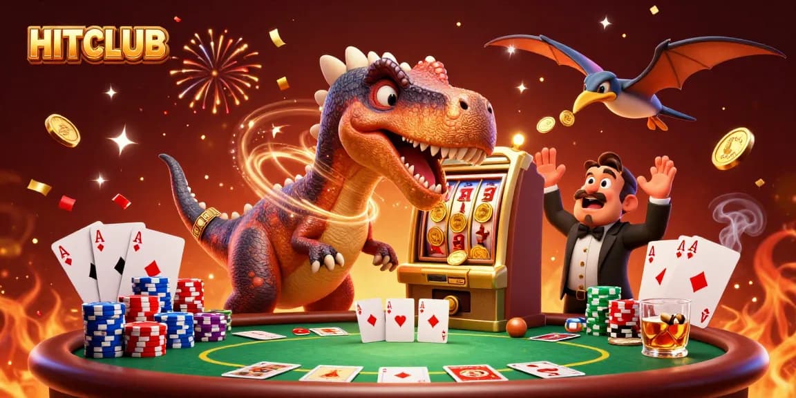 HITCLUB showcases a pachycephalosaurus winning jackpots at a vibrant casino scene.