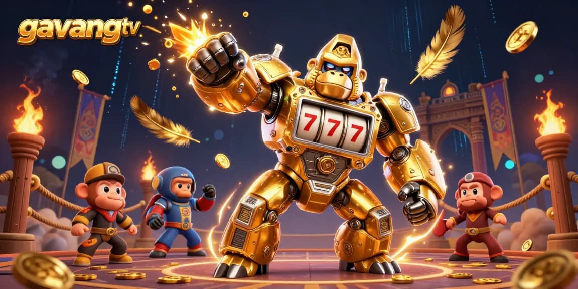 Experience dynamic betting action with gavangtv's ultra-detailed 3D illustration featuring a golden gorilla mech and slot elements.