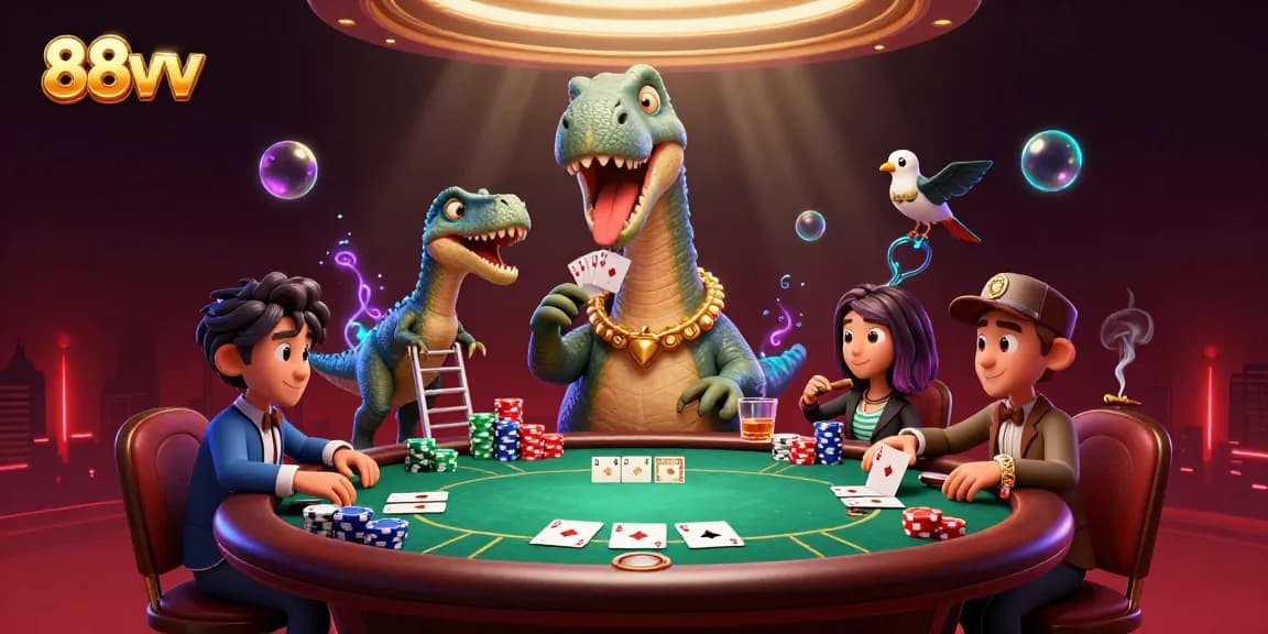 Engage with the vibrant casino scene featuring 88vv's towering brontosaurus dealer at a lively poker table.