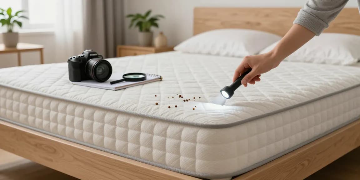 Inspecting for bed bug control in a cozy bedroom setting with soft lighting.