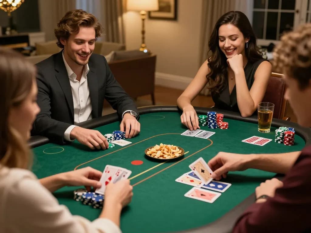 Chơi bài poker với bạn bè tại nhà, tiết lộ các chiến lược trong khi sử dụng ứng dụng Link 12bet để cá cược.