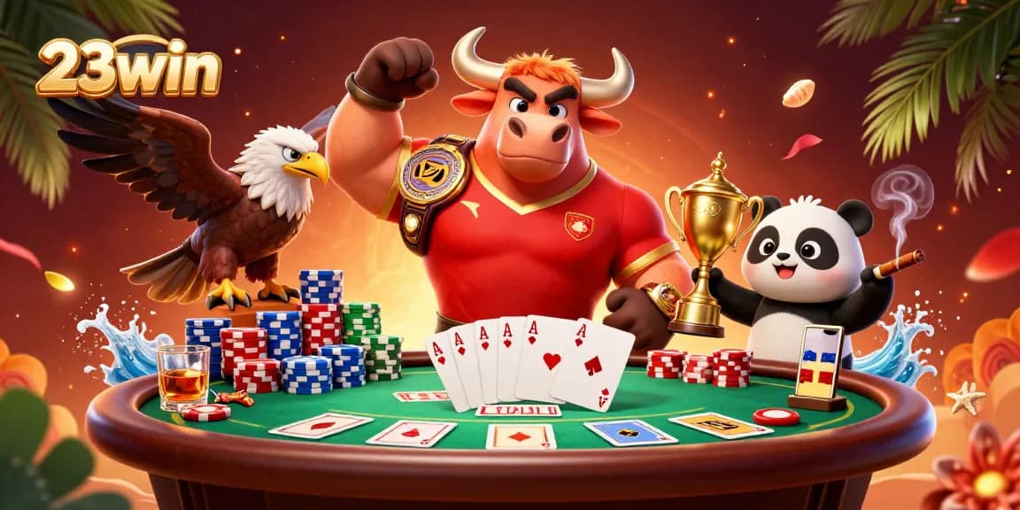 Engage with 23win's vibrant casino world featuring characters celebrating wins around poker elements.