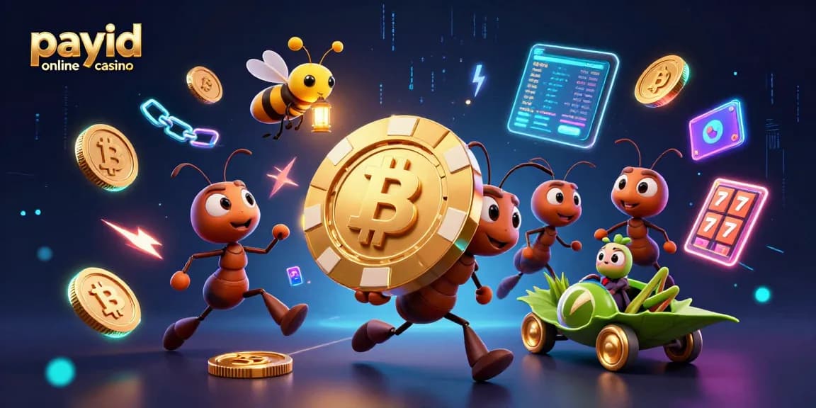 Play at a payid online casino with a thrilling heist scene featuring animated ants and high-stakes gaming elements.