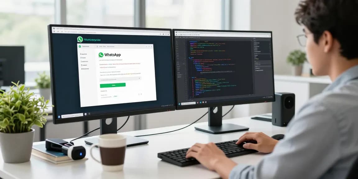 Developer showcasing WhatsApp電腦版 setup in a modern workspace.