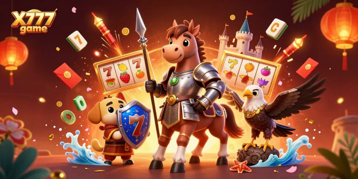X777 game features a knight and puppy in a vibrant casino-themed scene filled with slot reels and lucky elements.