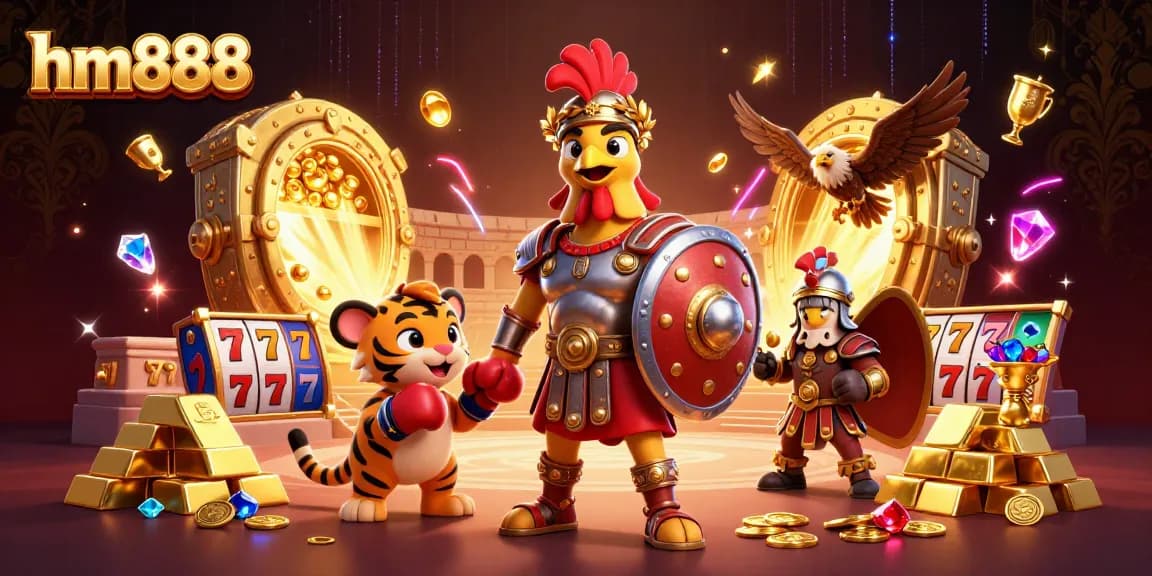 Win big at hm888 with dynamic gaming action featuring slots and treasures in a vibrant 3D scene.