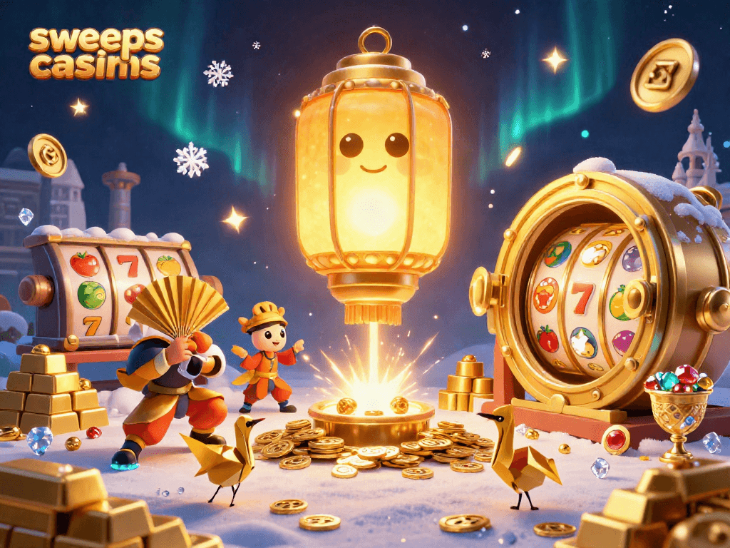 Win big at sweeps casinos with vibrant 3D illustrations of exciting game elements and golden characters.