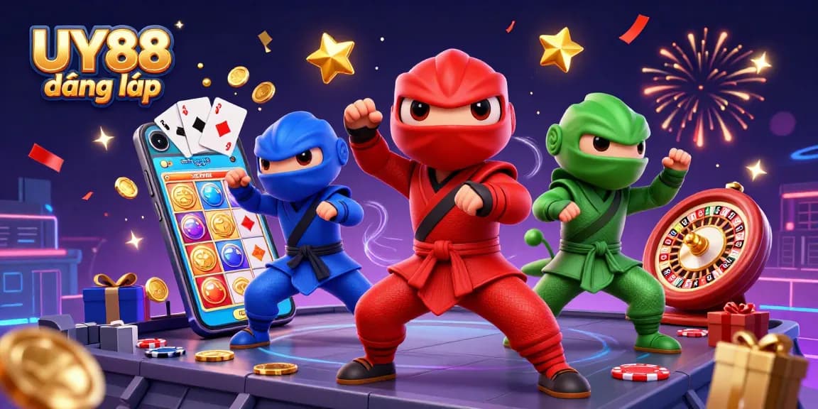 Engage with UY88 đăng nhập as ninja chameleons showcase exciting casino gaming elements amid vibrant celebrations.