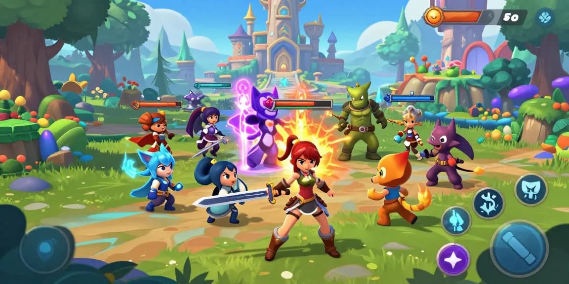 Dynamic fantasy gameplay scene showcasing diverse characters in hentaigames, highlighting excitement and adventure.