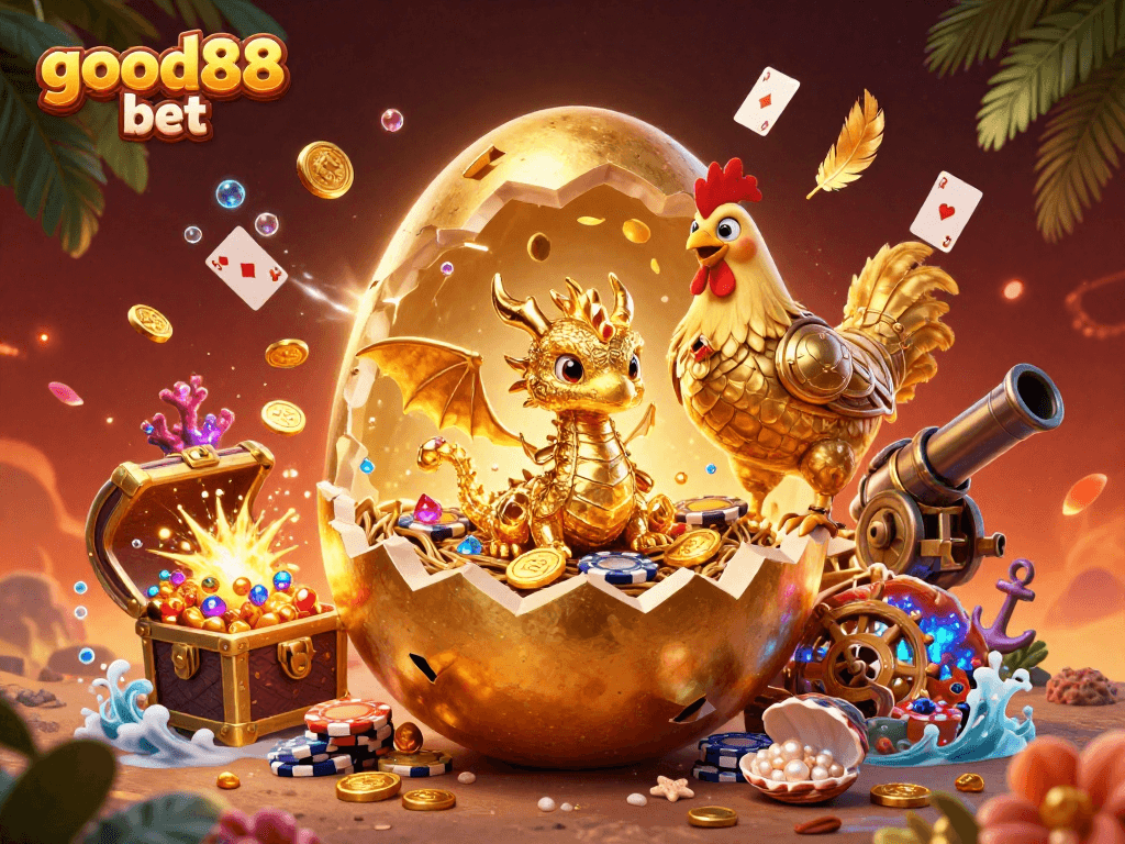 Bettors enjoy the excitement of good88 bet with a golden dragon and poker chips in a vibrant casino scene.