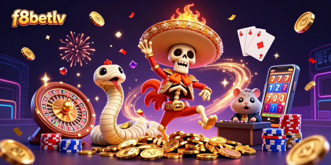 Experience excitement at f8betlv with vibrant casino characters celebrating on golden coins