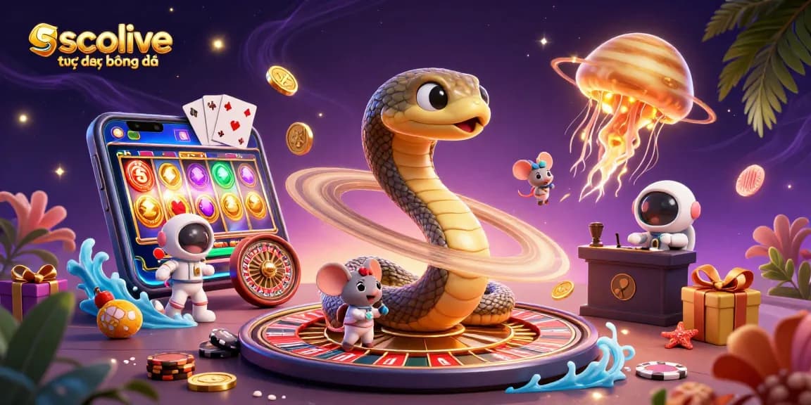 Socolive trực tiếp bóng đá showcases a vibrant 3D scene of a cosmic roulette, where astronaut mice bet on Saturn's rings.
