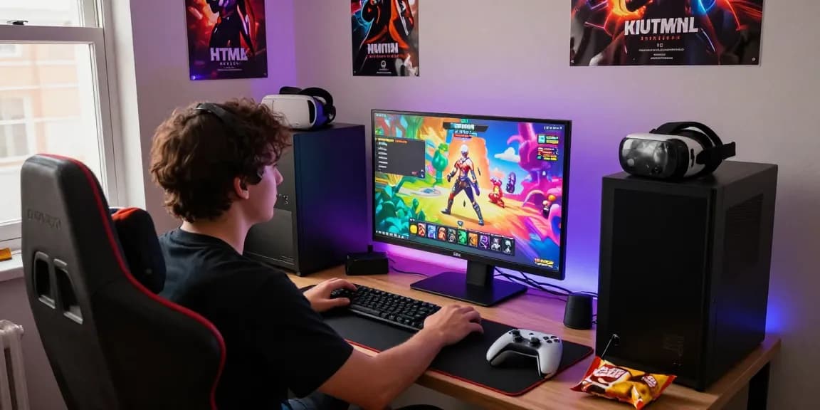 Player immersed in HTML hentai games with colorful interface and gaming setup.