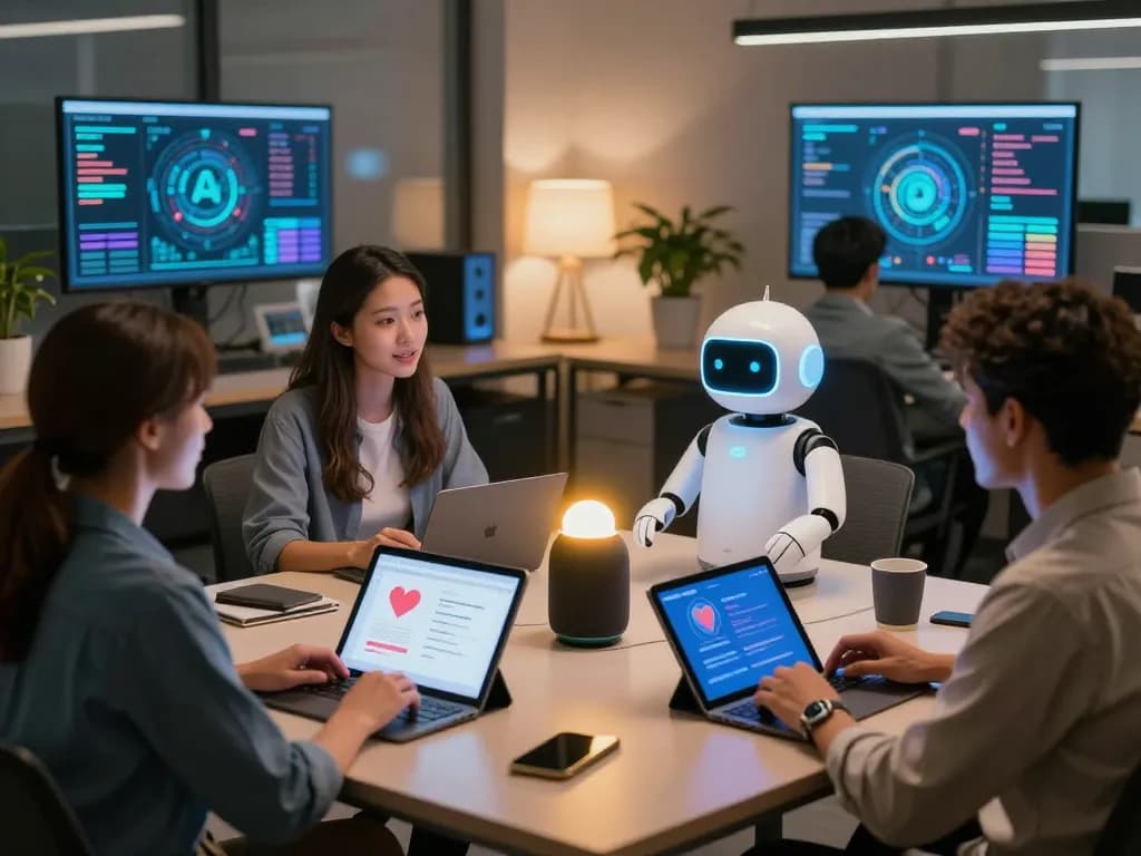 Engaging scene of individuals exploring sex AI technology in a modern office environment.