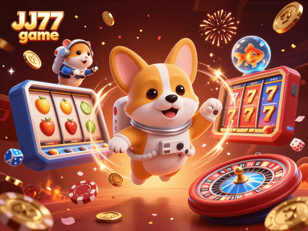 Experience the excitement of casino fun with JJ77 game featuring a floating astronaut corgi, hamster, and goldfish!