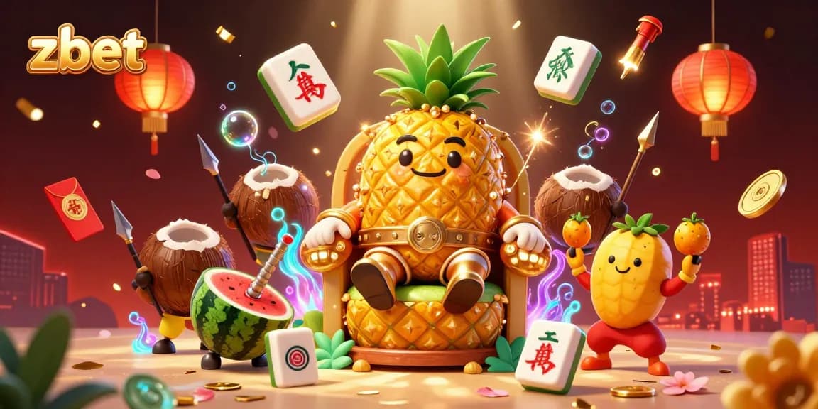 Engage with zbet's exciting casino experience featuring a cartoon pineapple king and vibrant game elements.