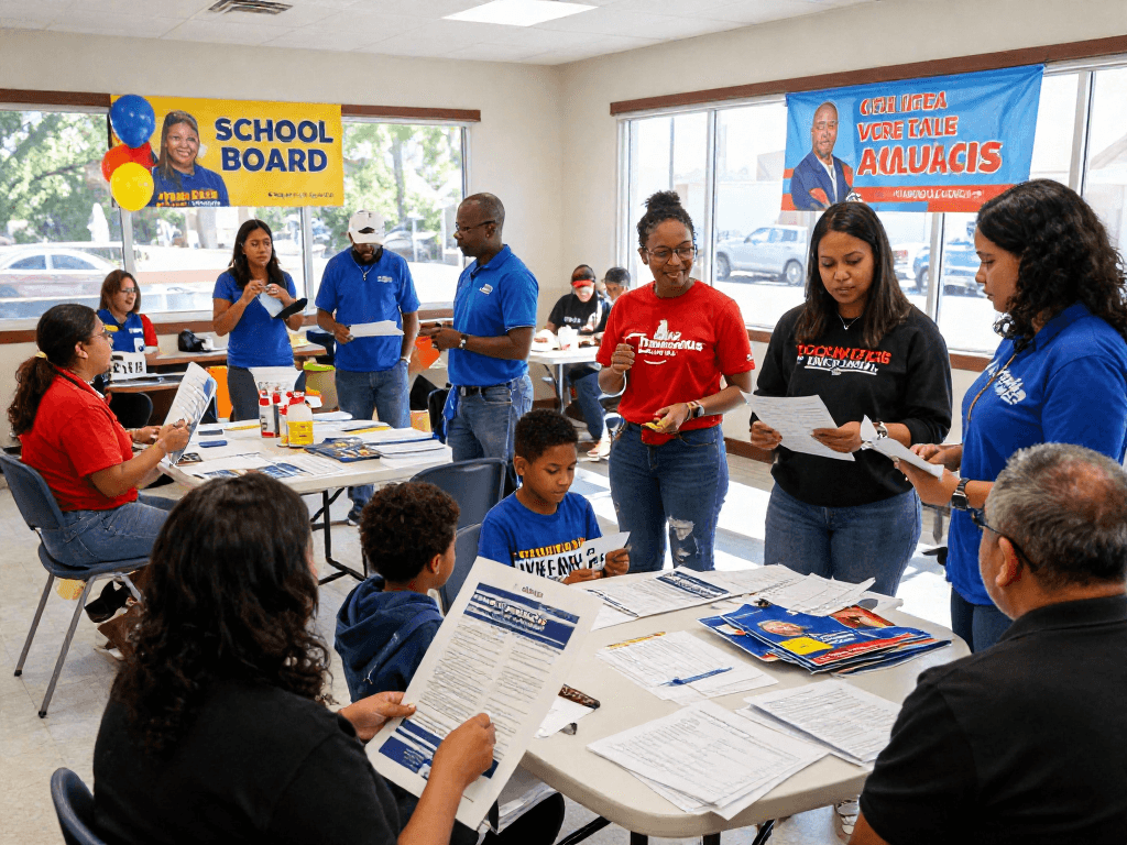 Engaging school board campaign marketing scene with candidates interacting with voters in a community center.