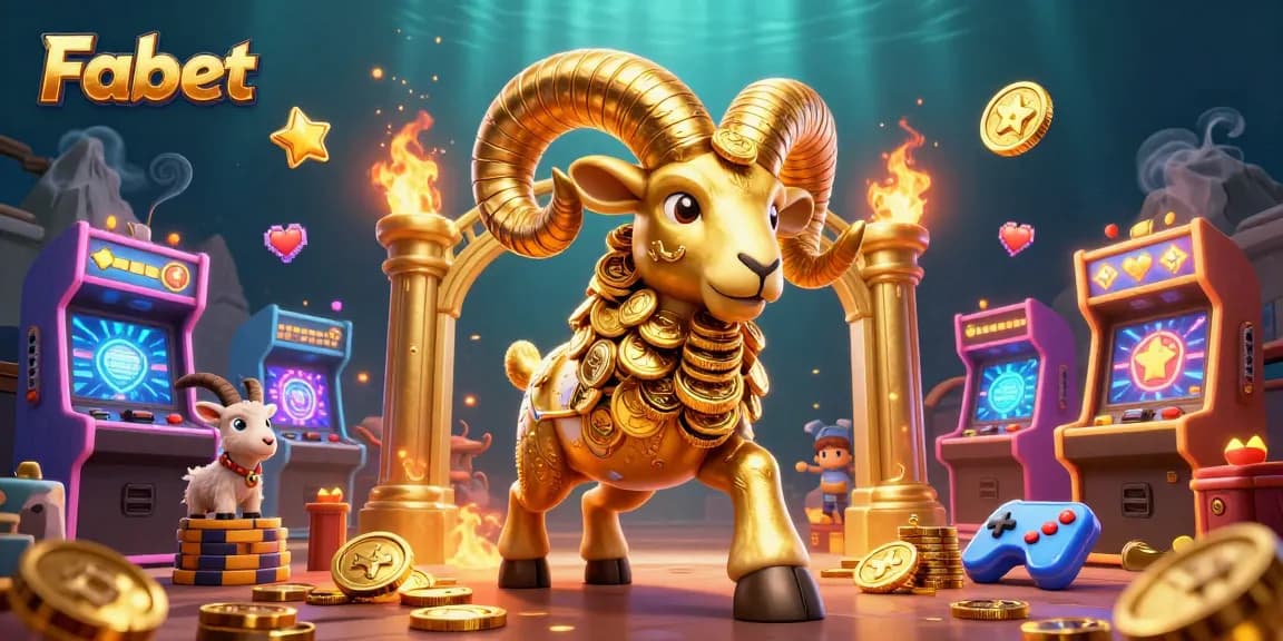 Experience gambling action with Fabet's golden ram charging through a vibrant casino scene.