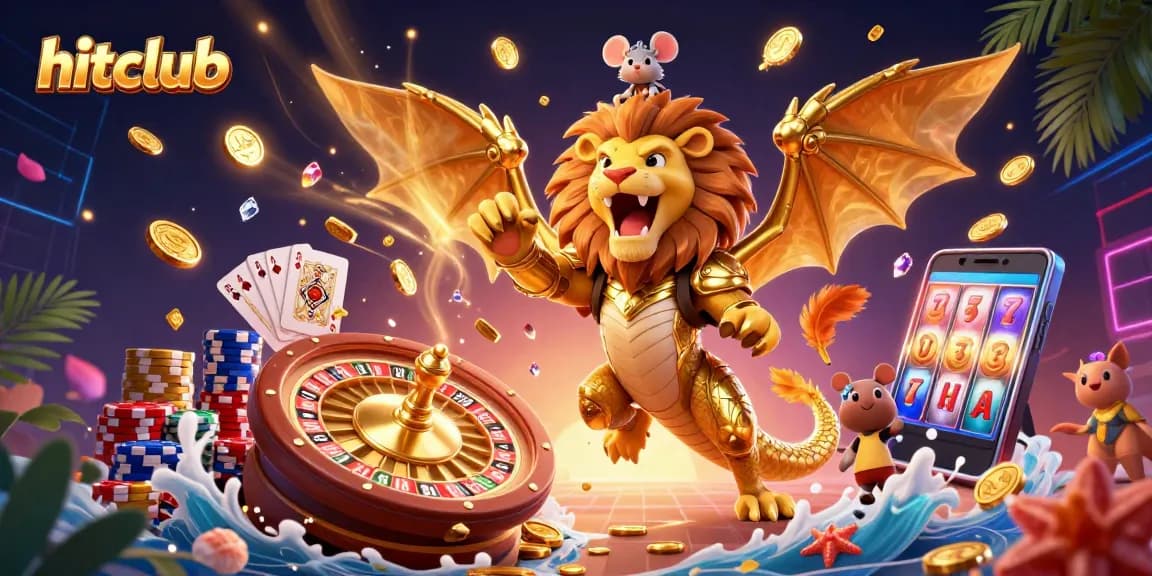 Hitclub showcases a thrilling 3D casino scene with a roaring chimera and vibrant gambling elements.