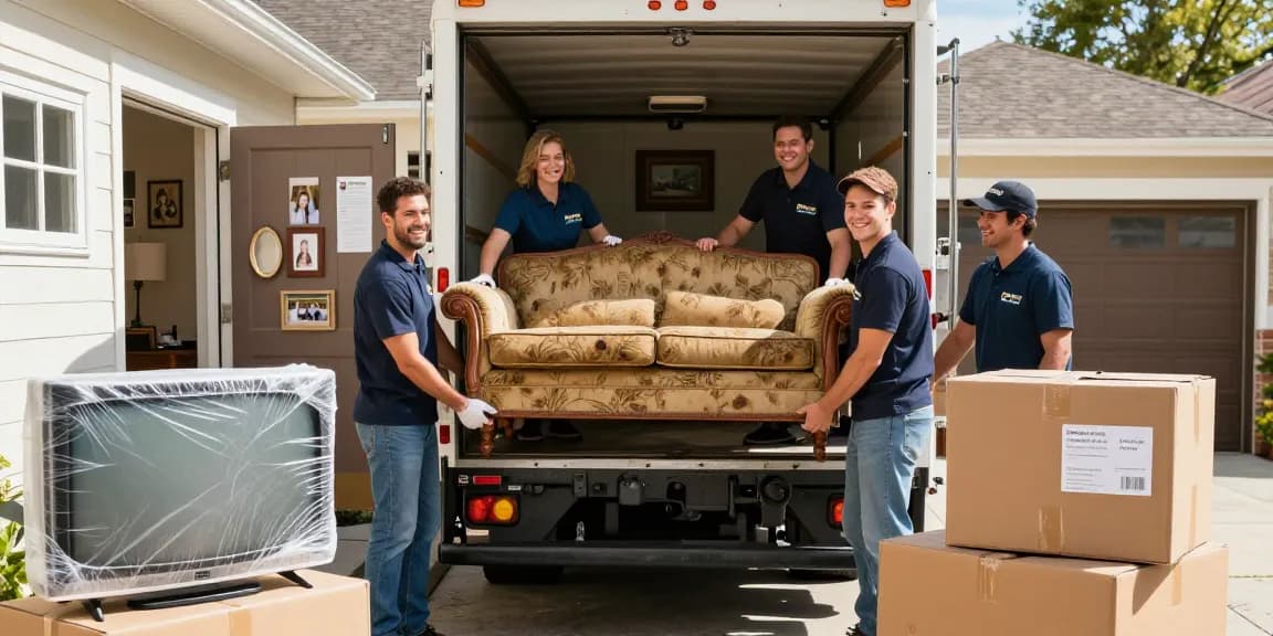 FairPlay Moving team lifting a vintage sofa, showcasing professional moving services.