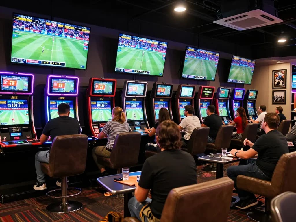 79king sports enthusiasts analyzing betting strategies in a dynamic lounge atmosphere