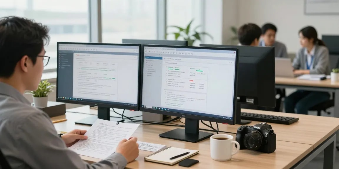Document fraud detection analysis in a professional office environment with screens displaying compliance data.