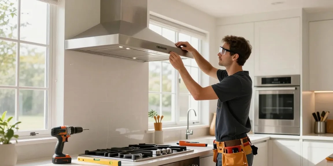 Exhaust hood installation process in a modern kitchen, contractor actively engaged with tools.
