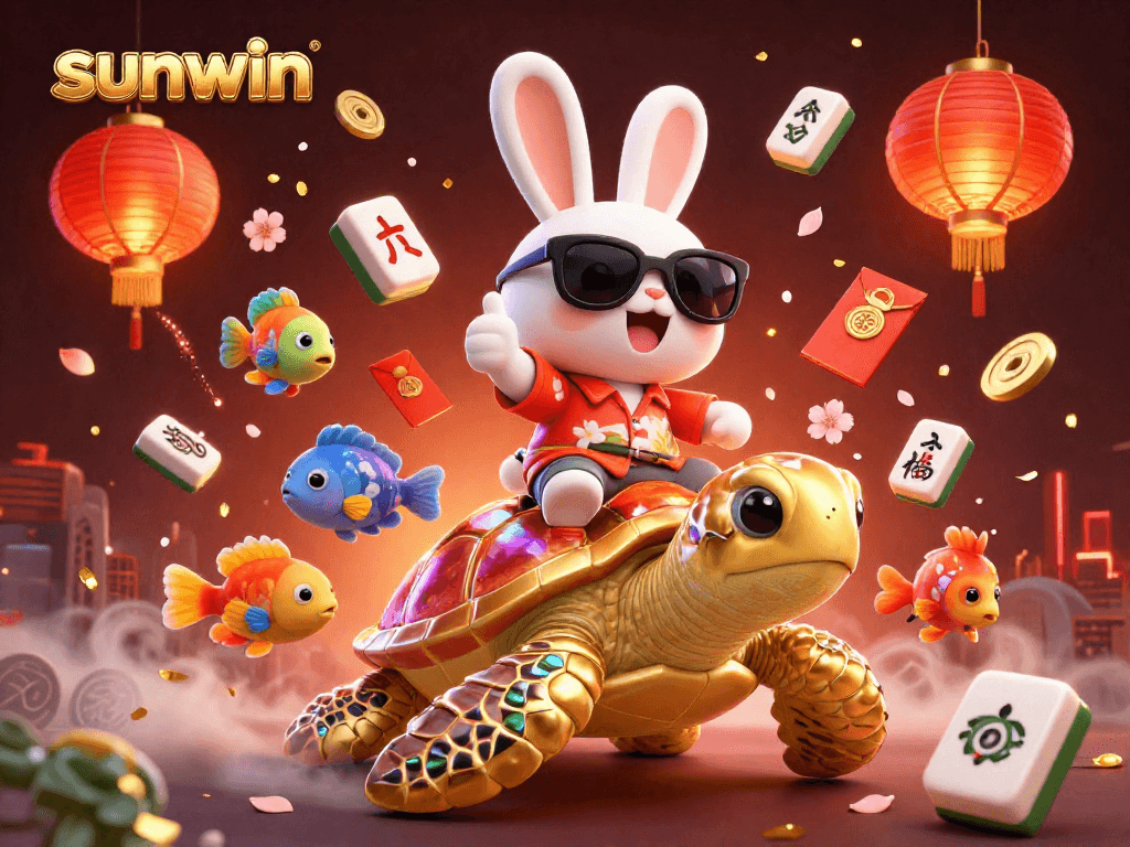 Experience the thrill of sunwin with a lucky rabbit and magical sea turtle amid vibrant casino elements.